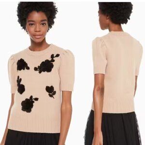 💖 KATE SPADE Puffed Sleeve Floral Applique Cashmere Blend Sweater NWT